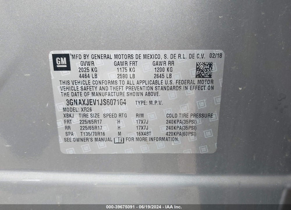 2018 CHEVROLET EQUINOX LT VIN: 3GNAXJEV1JS607164