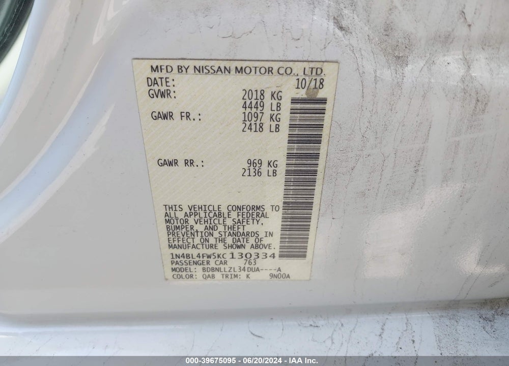 2019 NISSAN ALTIMA 2.5 PLATINUM VIN: 1N4BL4FW5KC130334