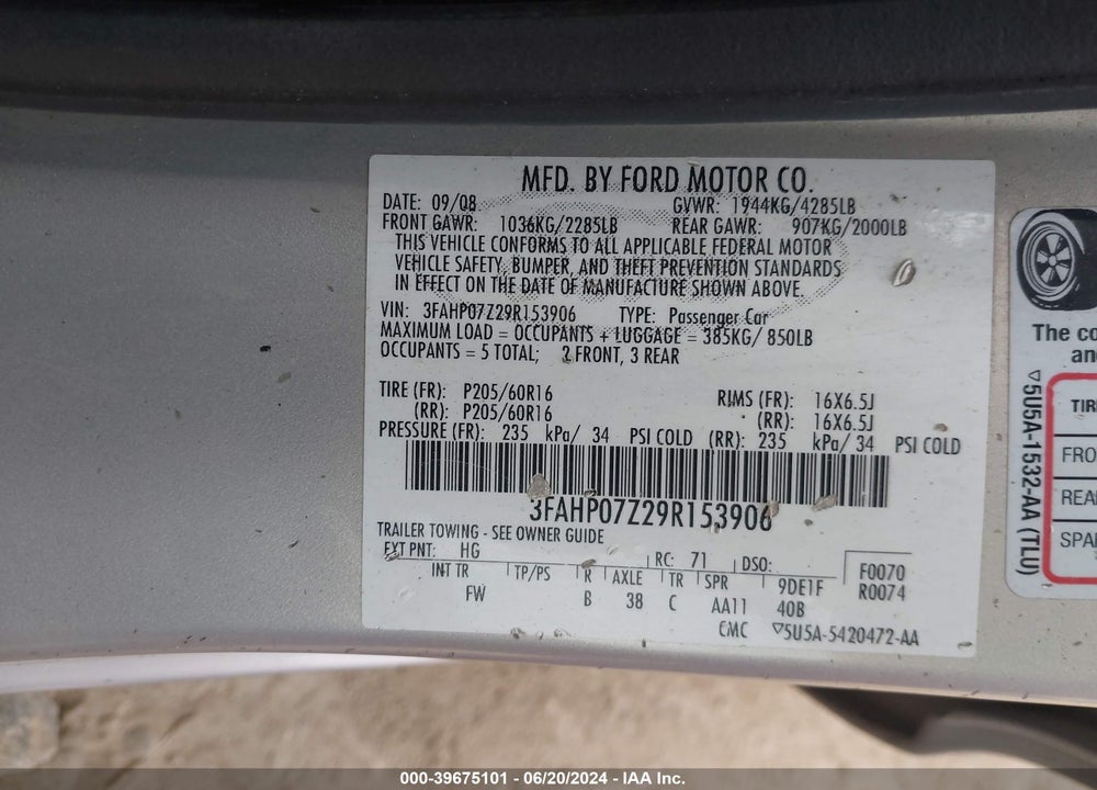 2009 FORD FUSION SE VIN: 3FAHP07Z29R153906