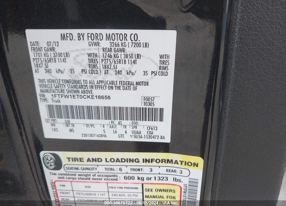 2012 FORD F-150 XLT VIN: 1FTFW1ET0CKE16656