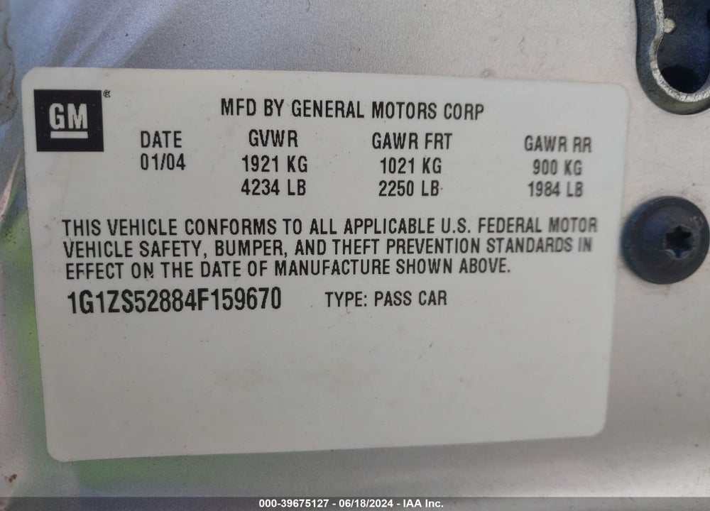 2004 CHEVROLET MALIBU VIN: 1G1ZS52884F159670