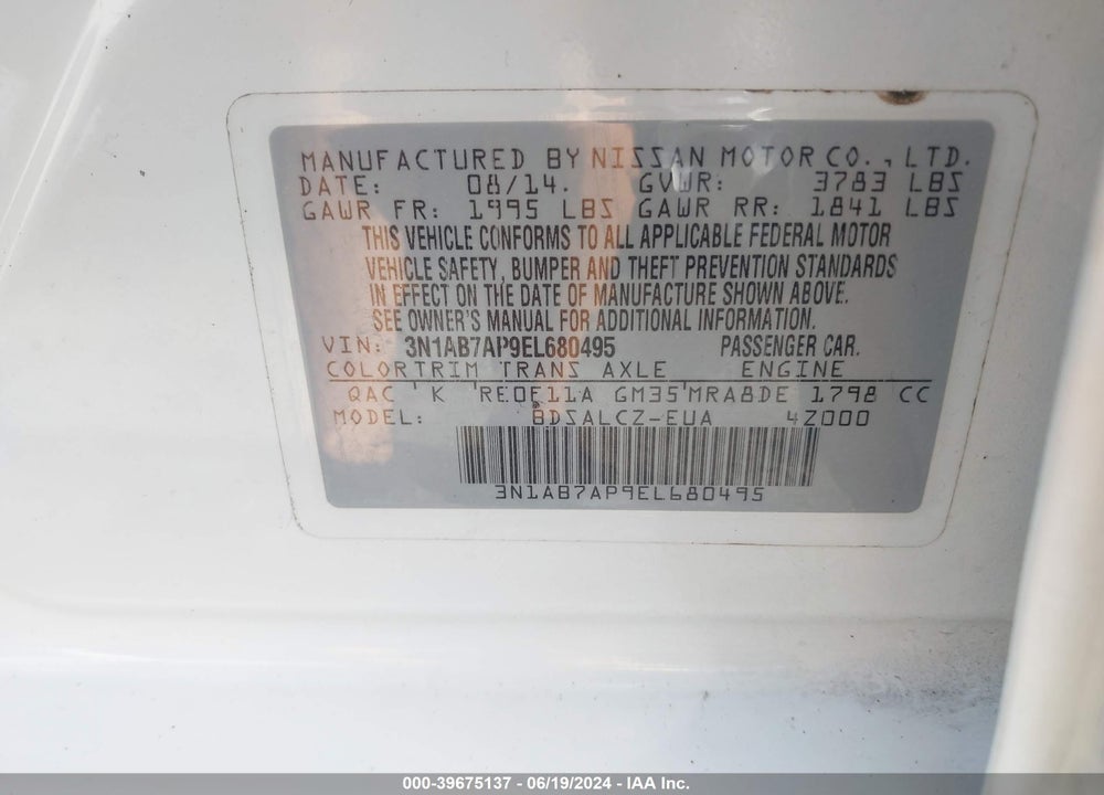2014 NISSAN SENTRA S VIN: 3N1AB7AP9EL680495