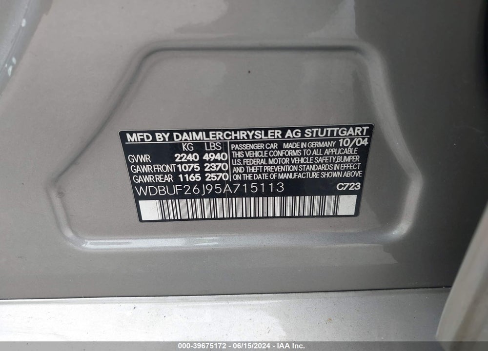 2005 MERCEDES-BENZ E 320 CDI VIN: WDBUF26J95A715113