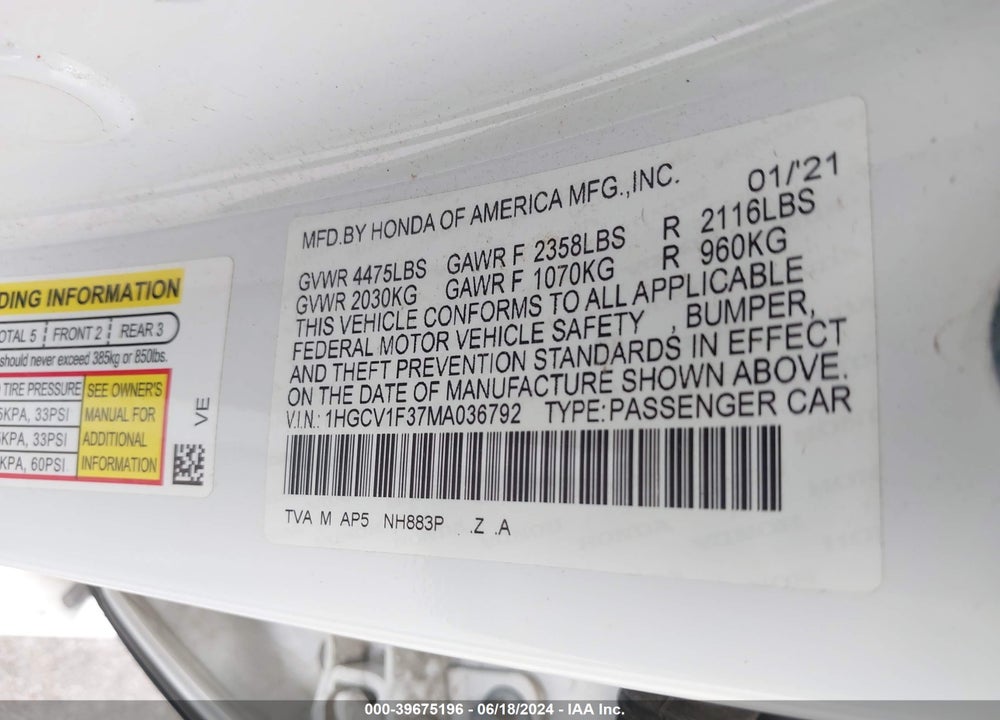 2021 HONDA ACCORD SPORT VIN: 1HGCV1F37MA036792