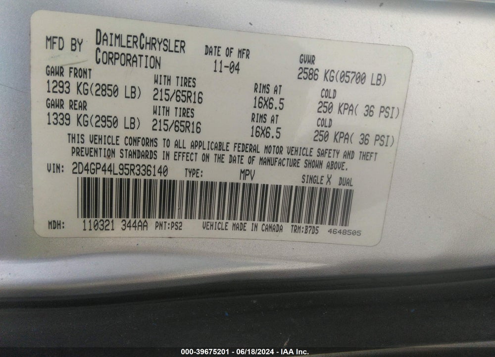 2005 DODGE GRAND CARAVAN SXT VIN: 2D4GP44L95R336140