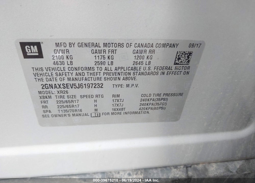 2018 CHEVROLET EQUINOX VIN: 2GNAXSEV5J6197232