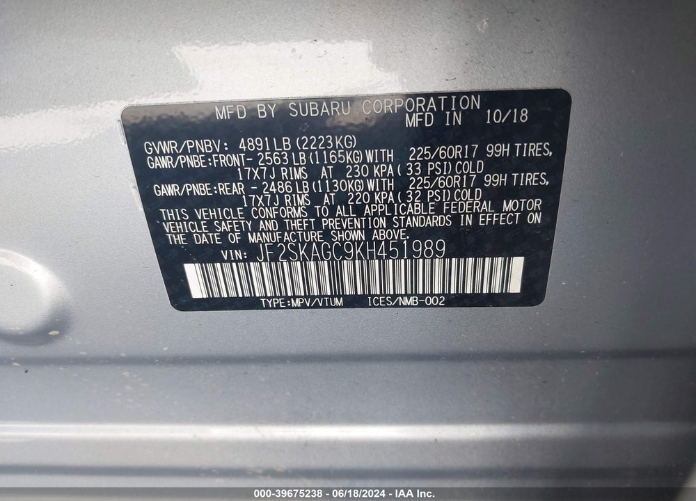 2019 SUBARU FORESTER PREMIUM VIN: JF2SKAGC9KH451989