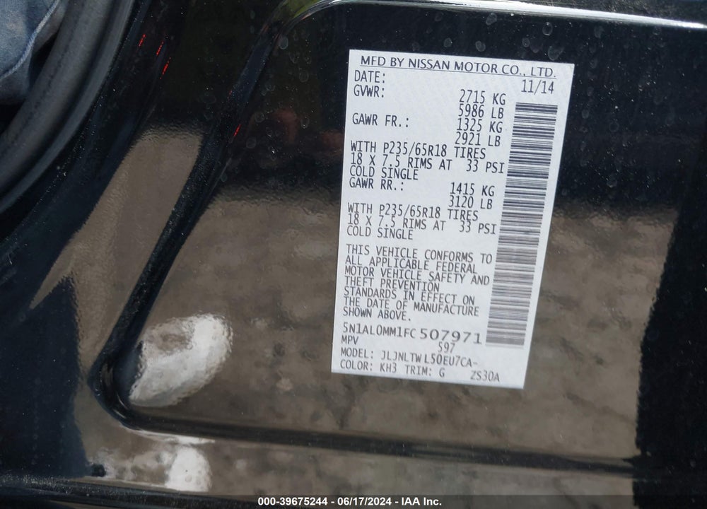 2015 INFINITI QX60 VIN: 5N1AL0MM1FC507971