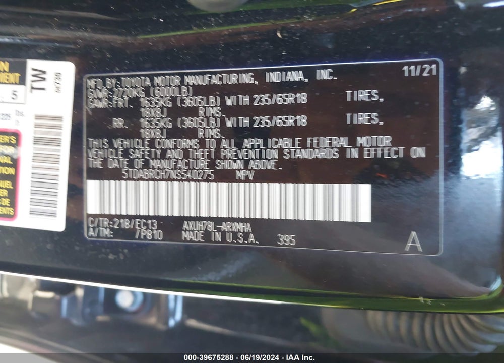 2022 TOYOTA HIGHLANDER HYBRID XLE BRONZE EDITION VIN: 5TDABRCH7NS540275