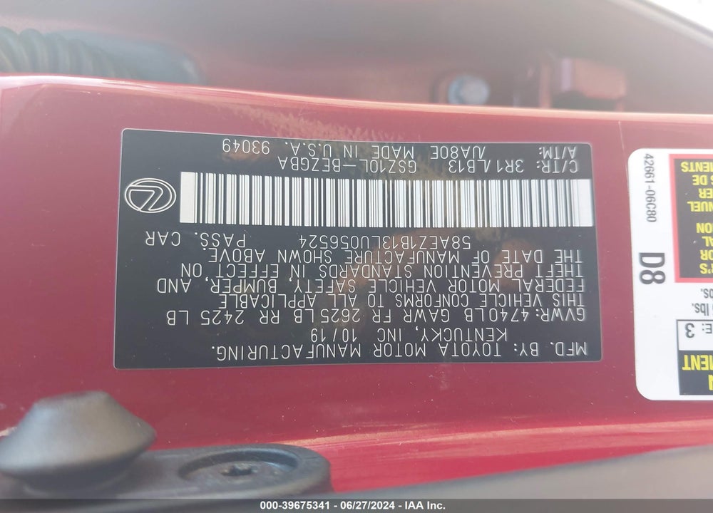 2020 LEXUS ES 350 LUXURY VIN: 58AEZ1B13LU056524