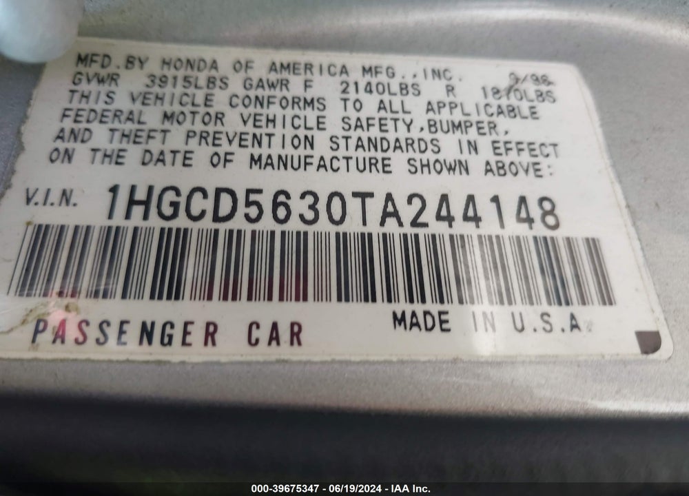 1996 HONDA ACCORD LX/EX VIN: 1HGCD5630TA244148