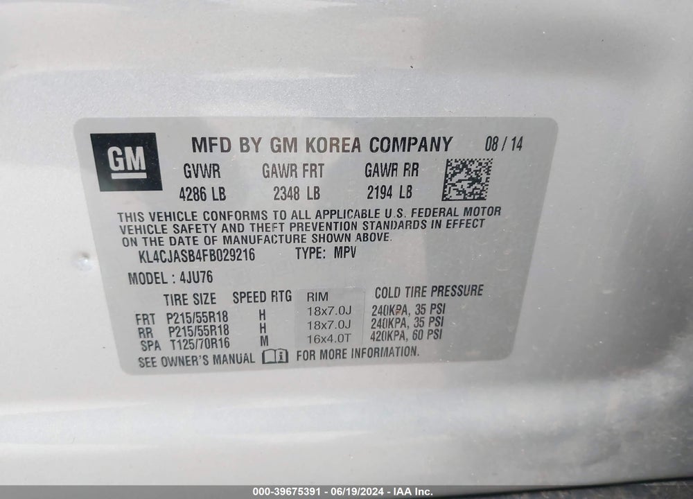 2015 BUICK ENCORE VIN: KL4CJASB4FB029216