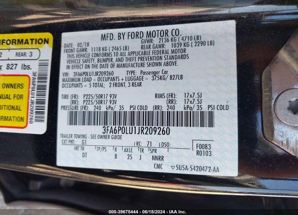 2018 FORD FUSION HYBRID SE VIN: 3FA6P0LU1JR209260