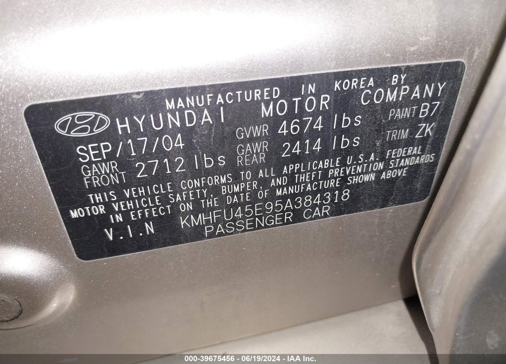 2005 HYUNDAI XG350 L VIN: KMHFU45E95A384318