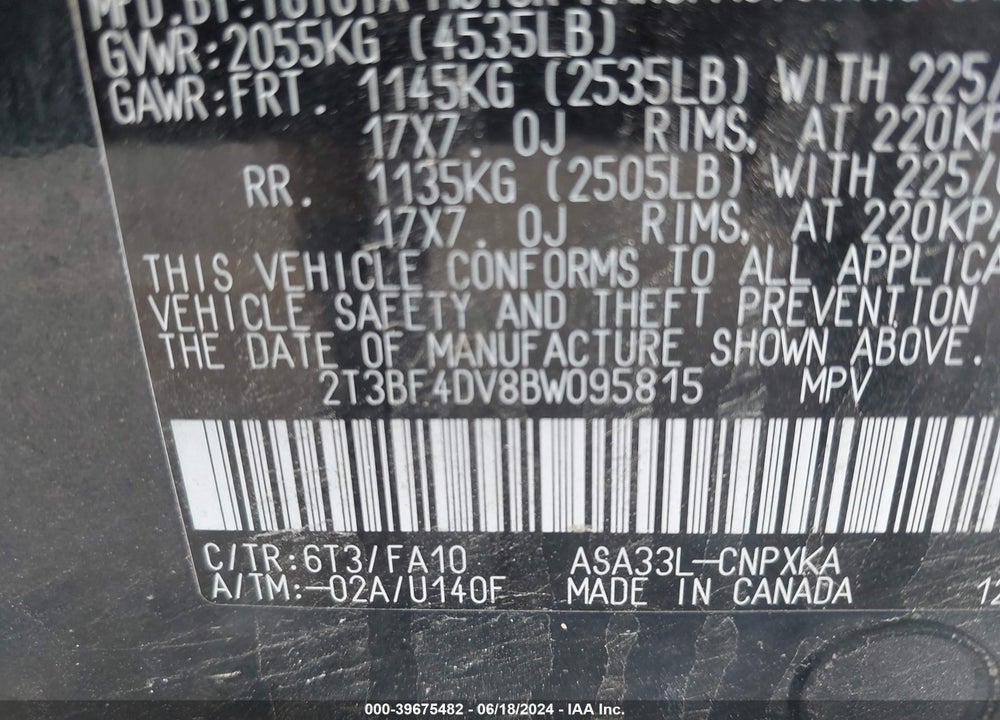 2011 TOYOTA RAV4 VIN: 2T3BF4DV8BW095815