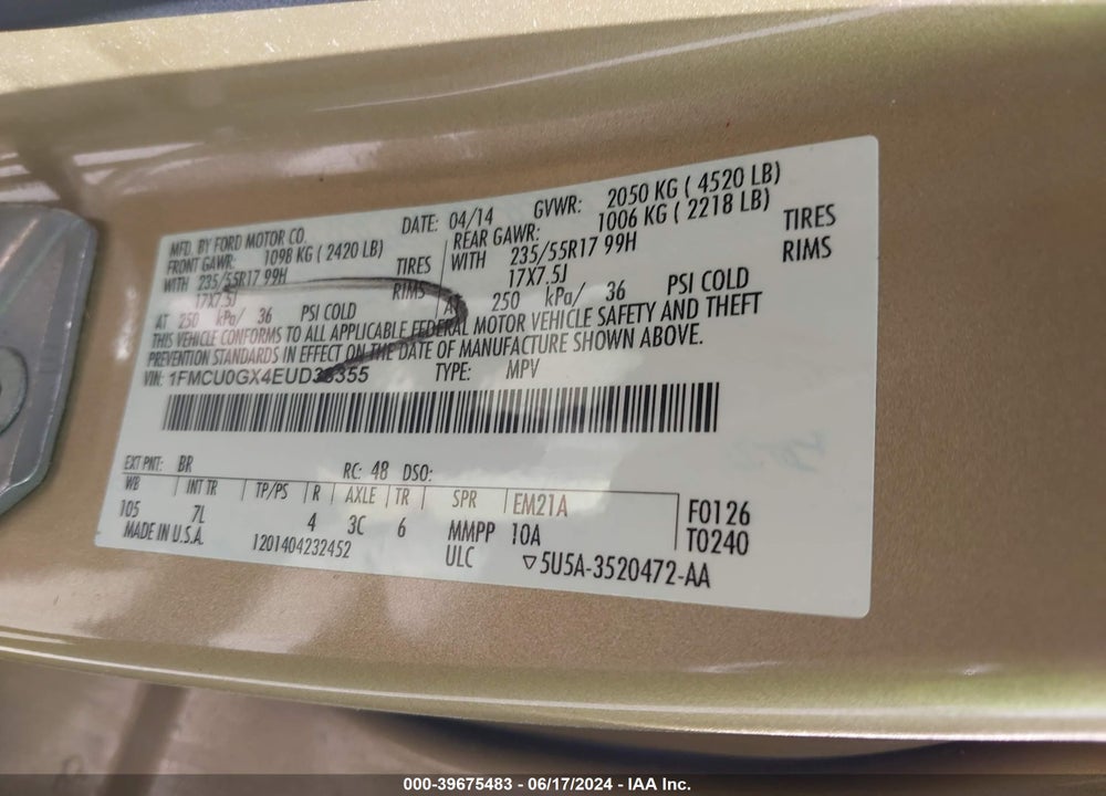 2014 FORD ESCAPE SE VIN: 1FMCU0GX4EUD38355