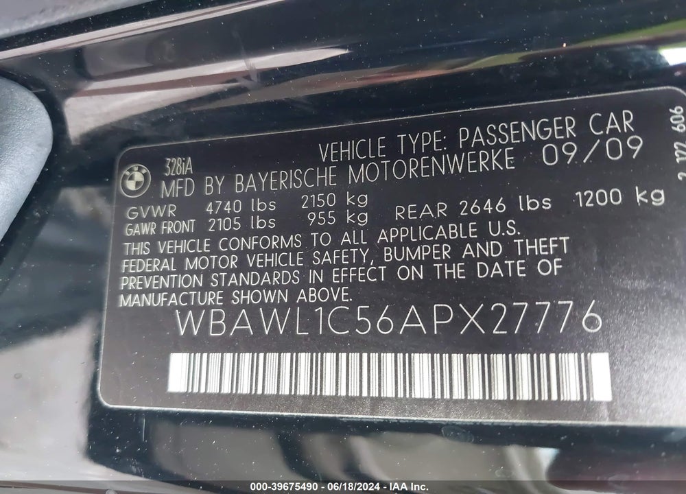 2010 BMW 328I VIN: WBAWL1C56APX27776