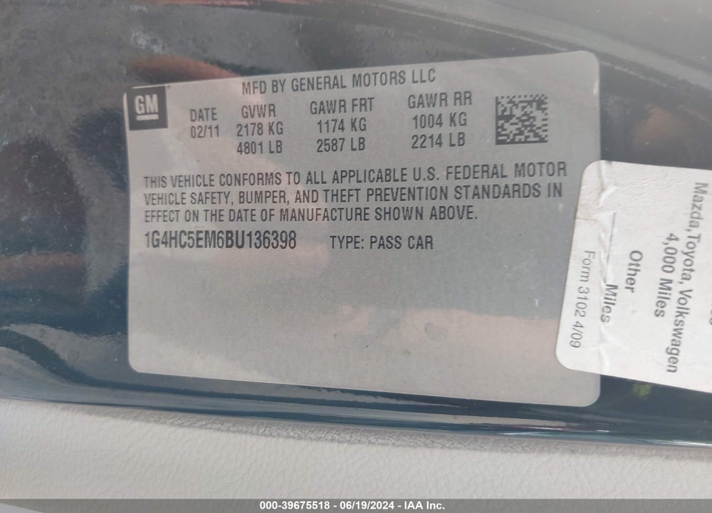 2011 BUICK LUCERNE CXL VIN: 1G4HC5EM6BU136398