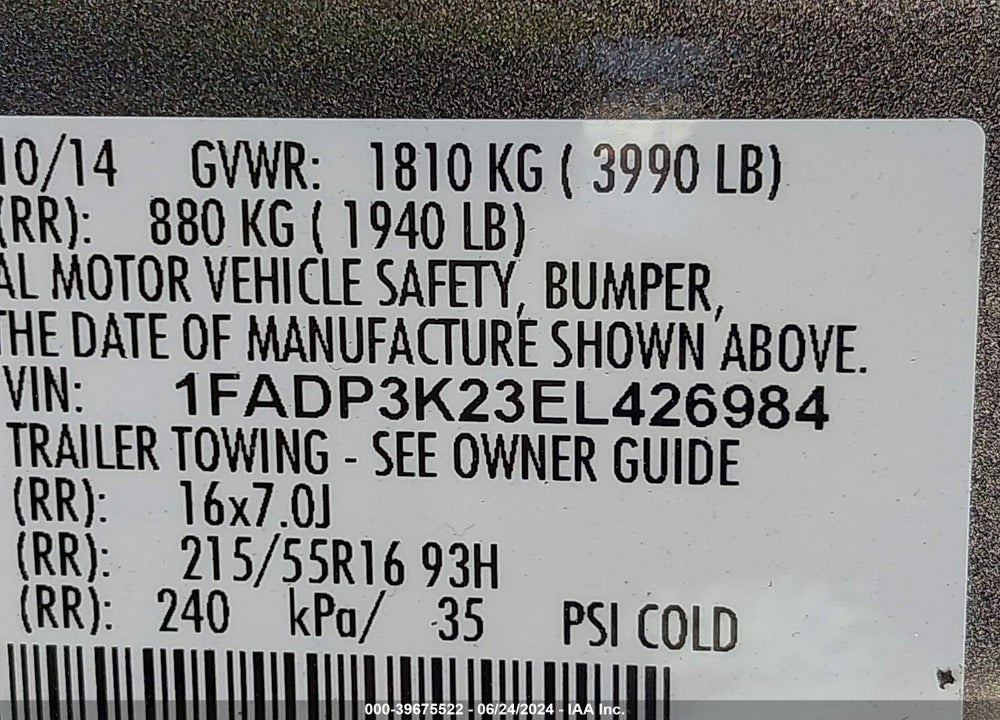 2014 FORD FOCUS SE VIN: 1FADP3K23EL426984