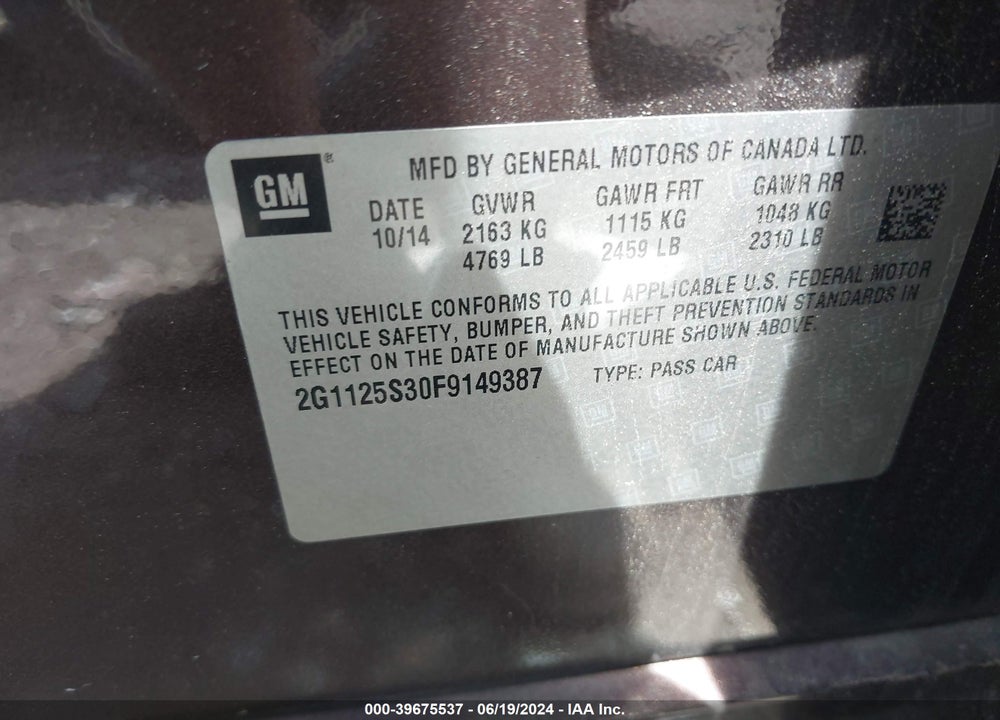 2015 CHEVROLET IMPALA 2LT VIN: 2G1125S30F9149387