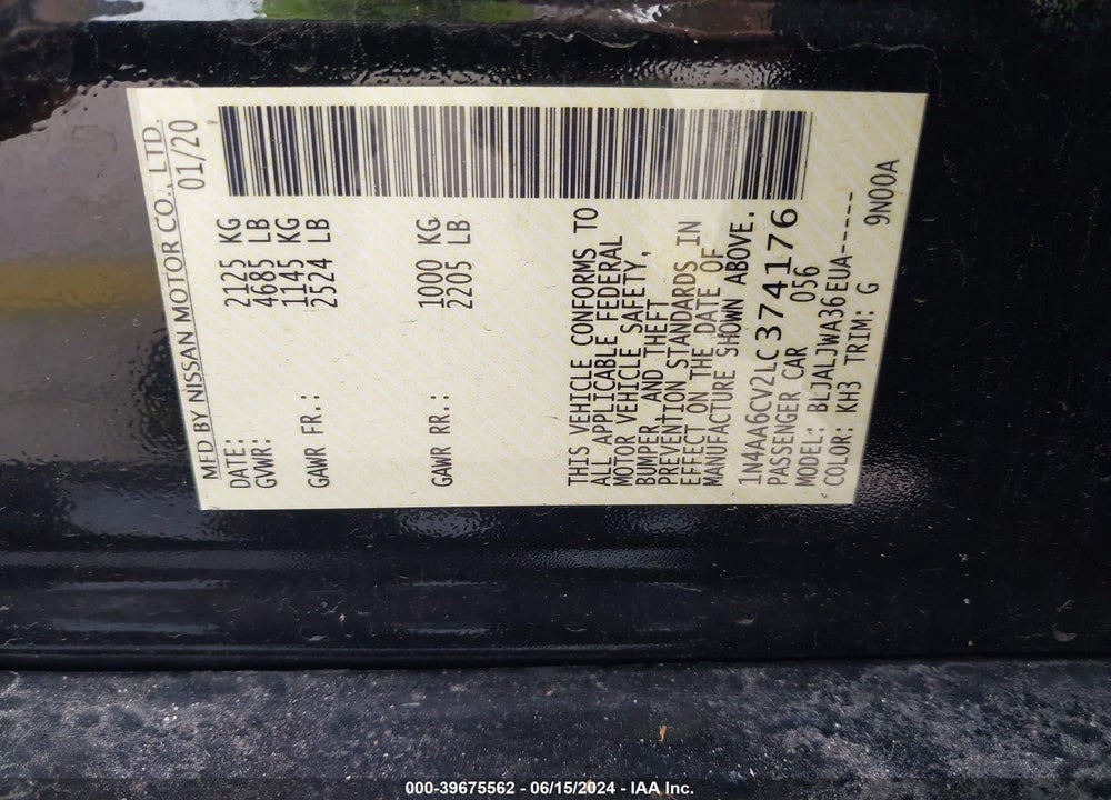 2020 NISSAN MAXIMA SV XTRONIC CVT VIN: 1N4AA6CV2LC374176