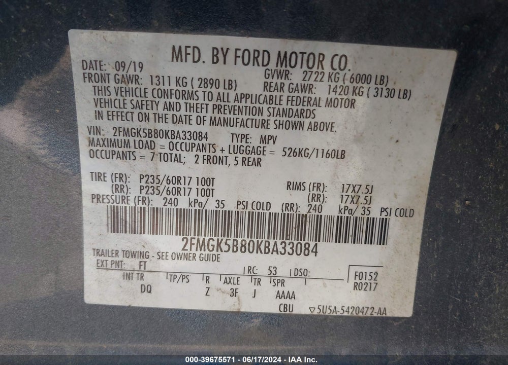2019 FORD FLEX SE VIN: 2FMGK5B80KBA33084