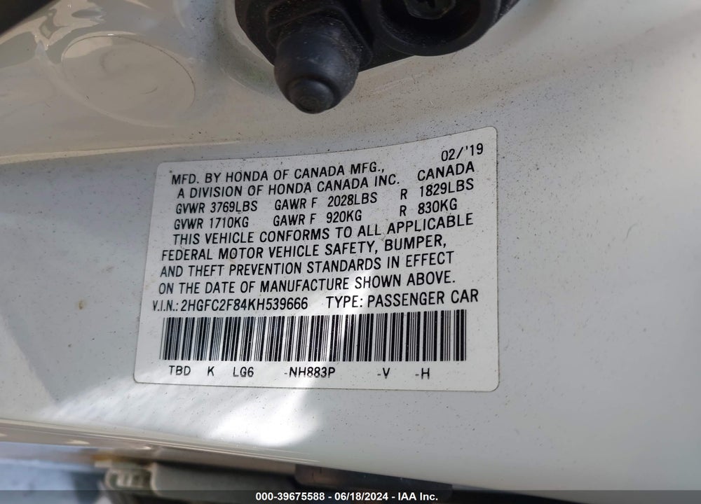 2019 HONDA CIVIC SPORT VIN: 2HGFC2F84KH539666