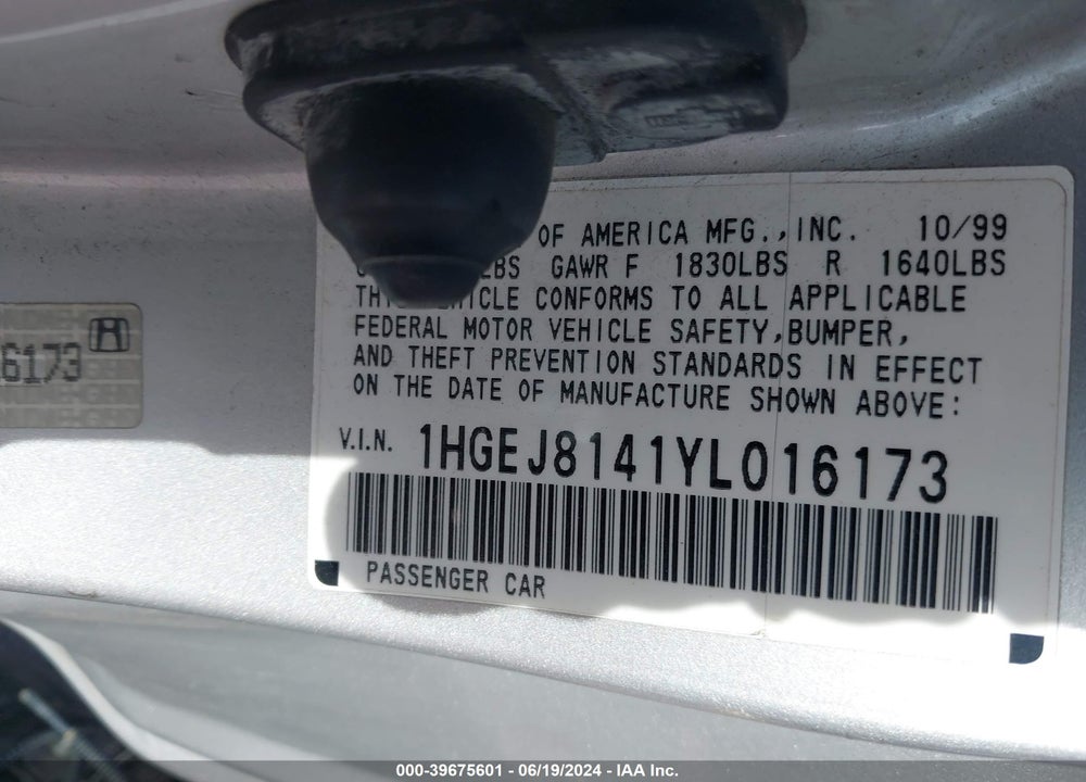 2000 HONDA CIVIC EX VIN: 1HGEJ8141YL016173