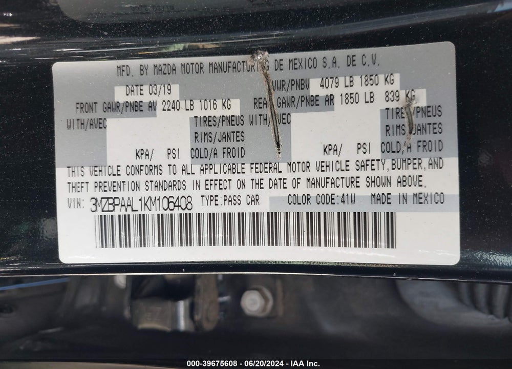 2019 MAZDA 3 SELECT PACKAGE VIN: 3MZBPAAL1KM106408