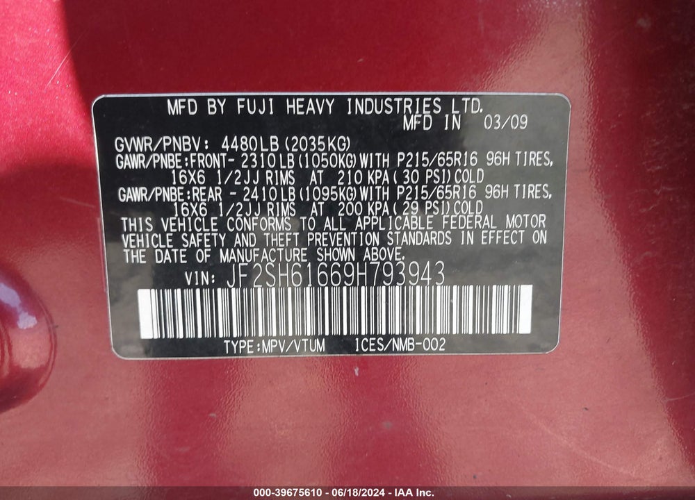 2009 SUBARU FORESTER 2.5X VIN: JF2SH61669H793943