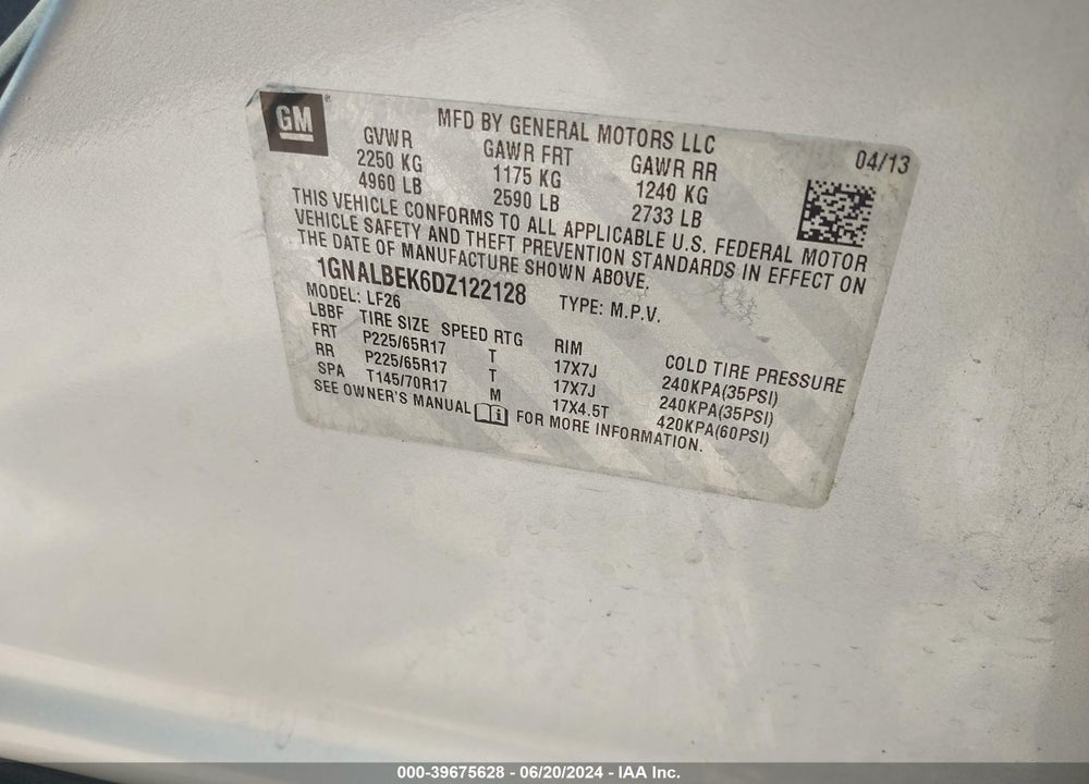 2013 CHEVROLET EQUINOX LS VIN: 1GNALBEK6DZ122128