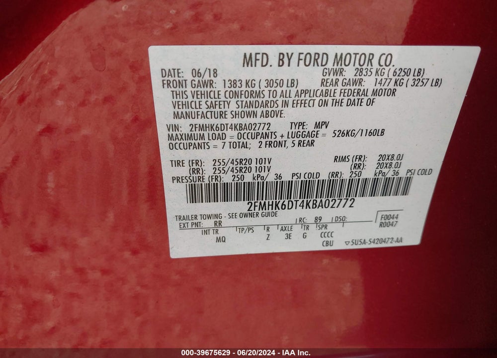2019 FORD FLEX LIMITED VIN: 2FMHK6DT4KBA02772