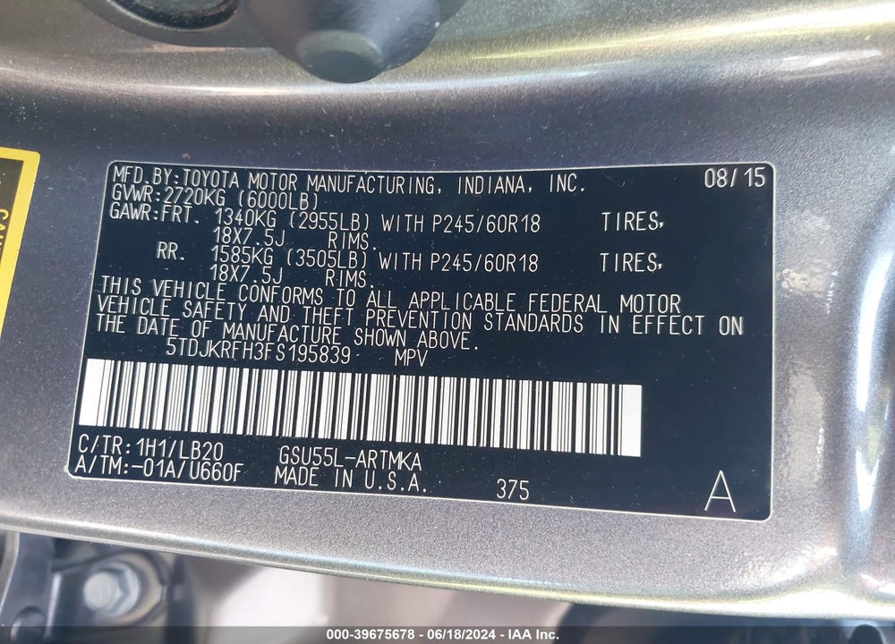 2015 TOYOTA HIGHLANDER XLE V6 VIN: 5TDJKRFH3FS195839