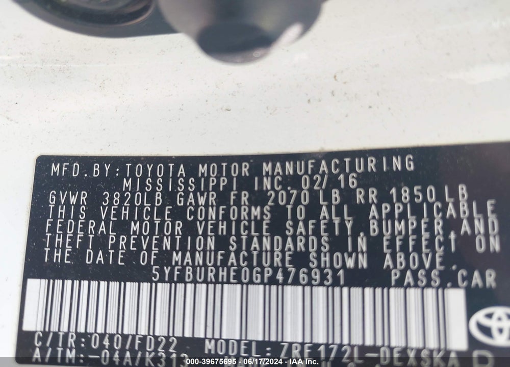 2016 TOYOTA COROLLA S VIN: 5YFBURHE0GP476931