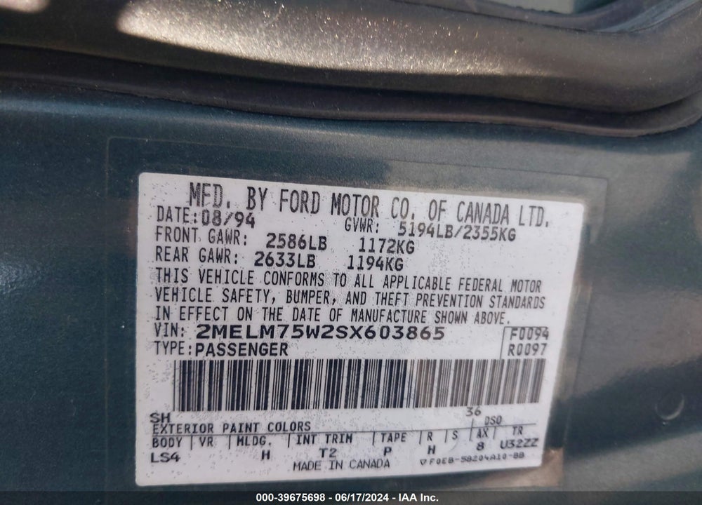 1995 MERCURY GRAND MARQUIS VIN: 2MELM75W2SX603865