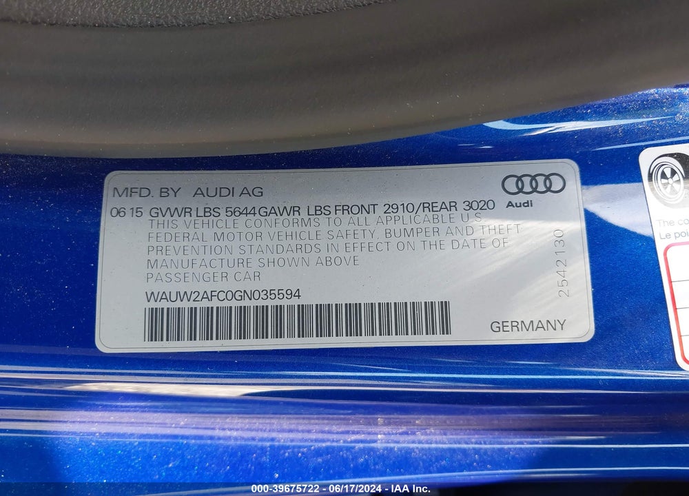 2016 AUDI S7 4.0T VIN: WAUW2AFC0GN035594