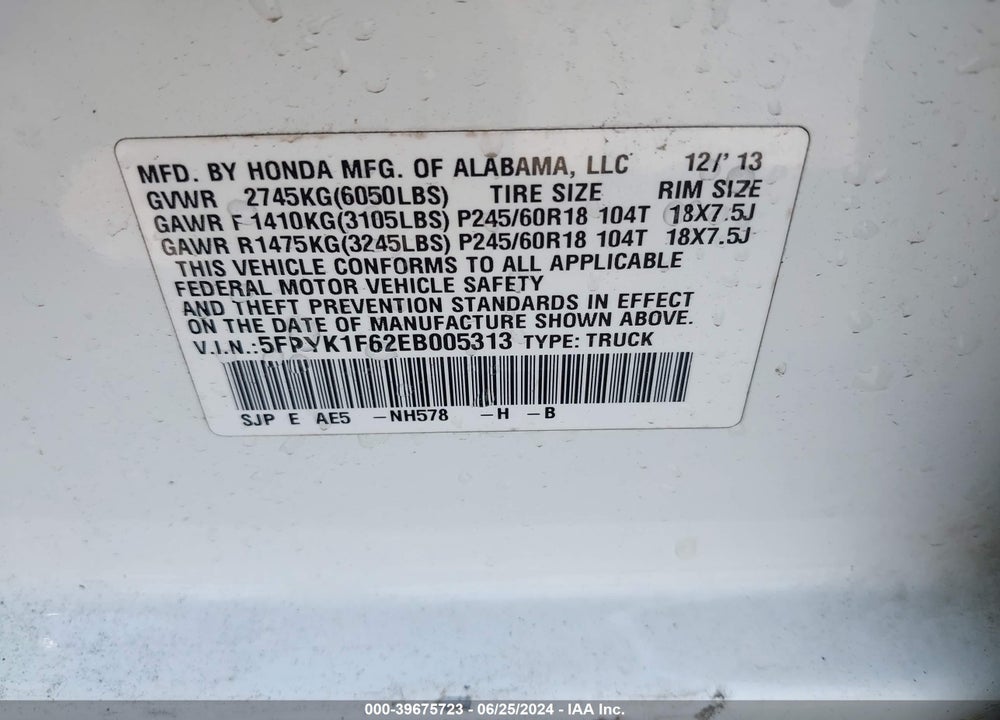 2014 HONDA RIDGELINE SE VIN: 5FPYK1F62EB005313
