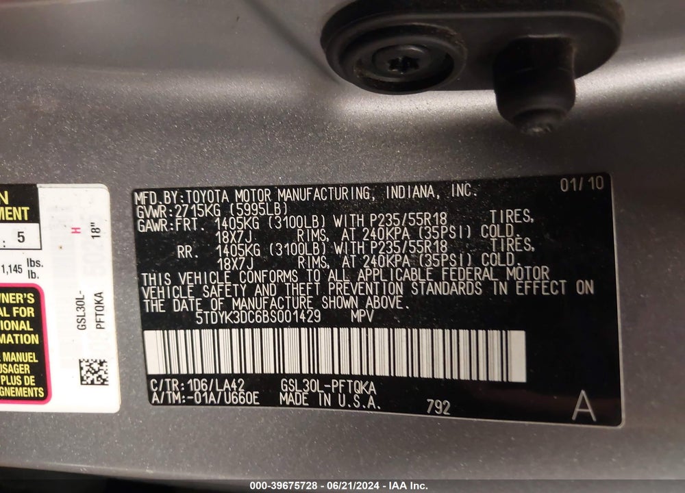 2011 TOYOTA SIENNA LIMITED V6 VIN: 5TDYK3DC6BS001429