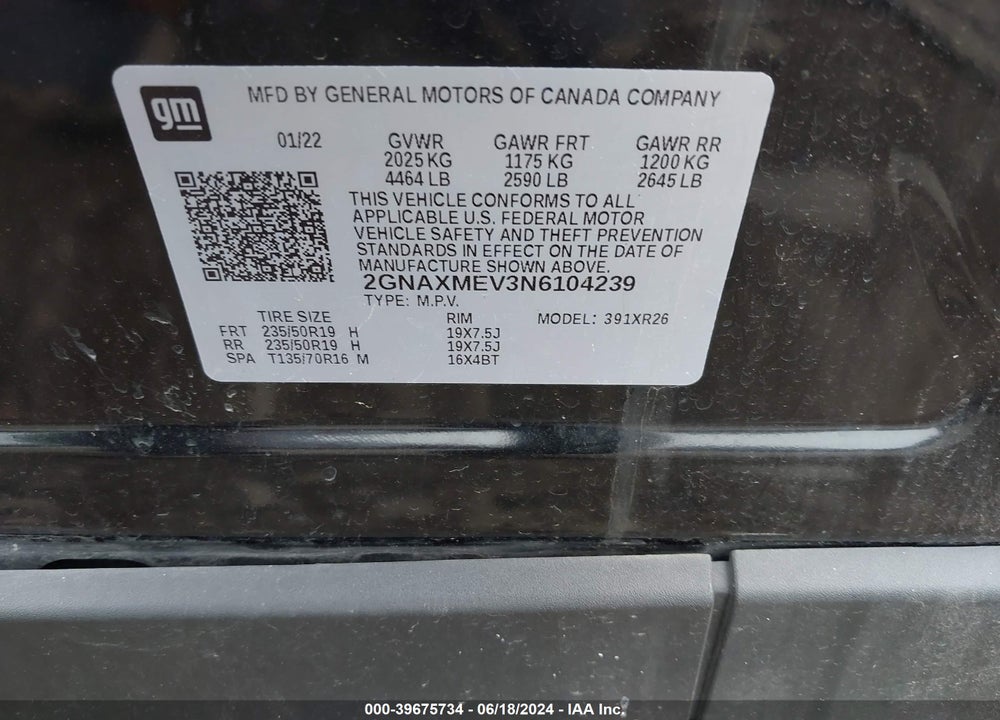 2022 CHEVROLET EQUINOX FWD RS VIN: 2GNAXMEV3N6104239