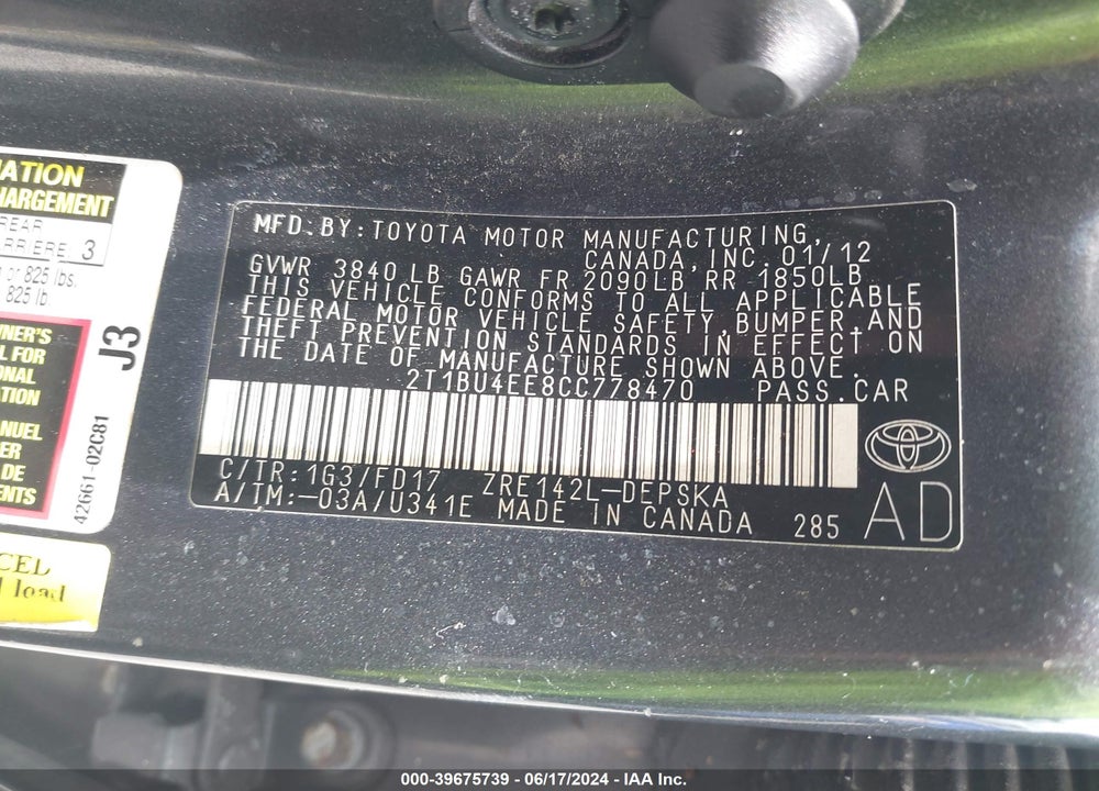 2012 TOYOTA COROLLA S VIN: 2T1BU4EE8CC778470