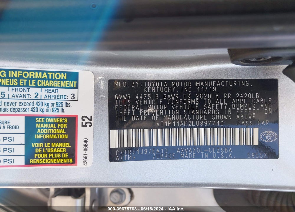 2020 TOYOTA CAMRY SE VIN: 4T1M11AK2LU897710