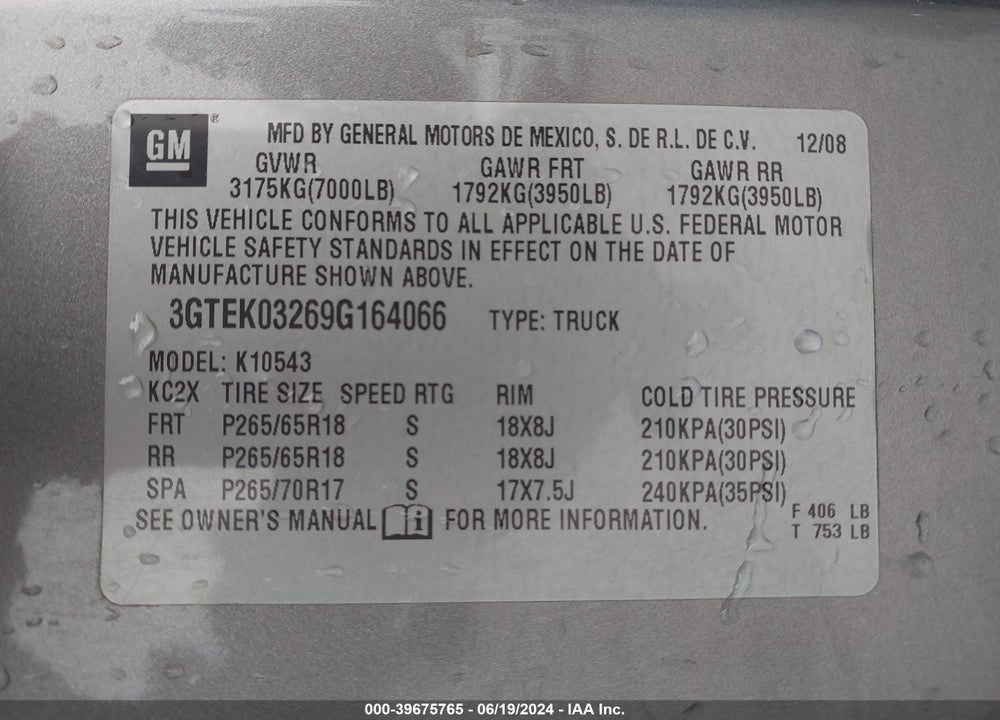 2009 GMC SIERRA 1500 DENALI VIN: 3GTEK03269G164066