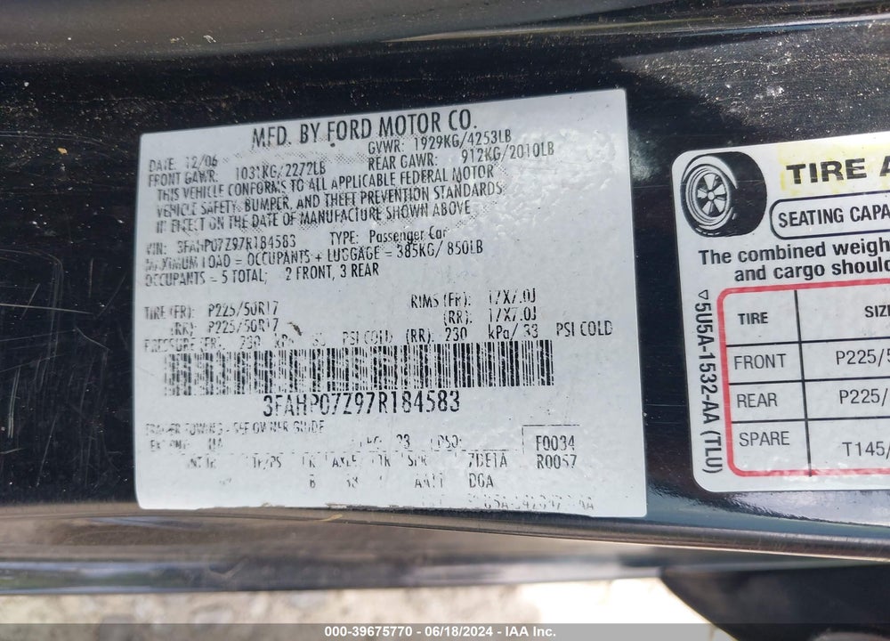 2007 FORD FUSION SE VIN: 3FAHP07Z97R184583
