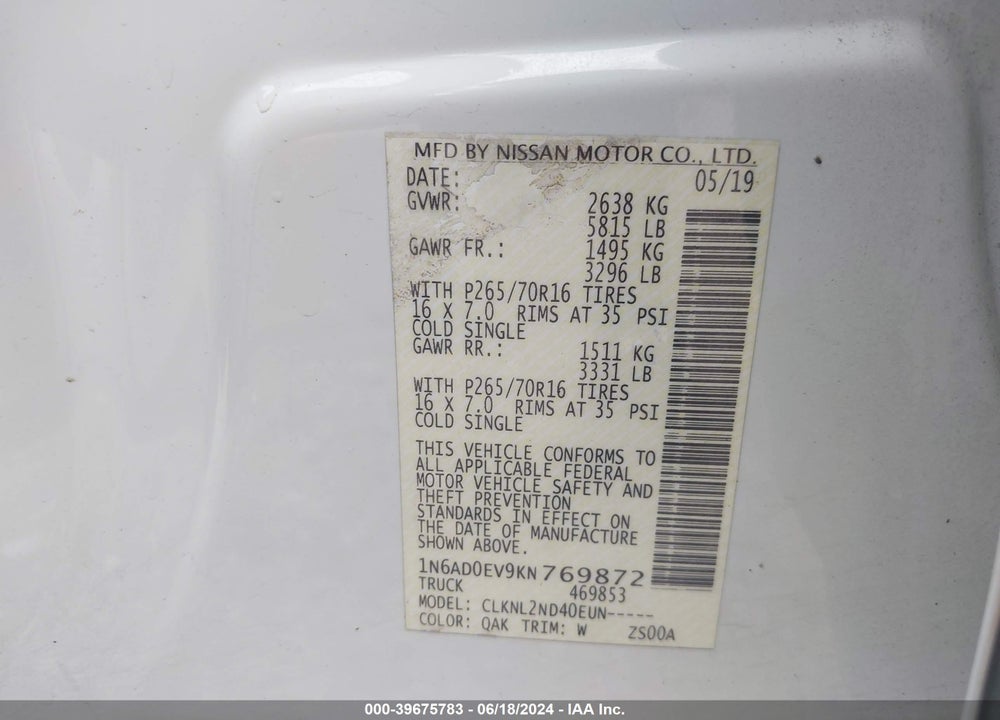 2019 NISSAN FRONTIER SV VIN: 1N6AD0EV9KN769872