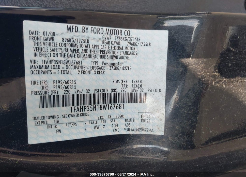 2008 FORD FOCUS SE/SES VIN: 1FAHP35N18W167681