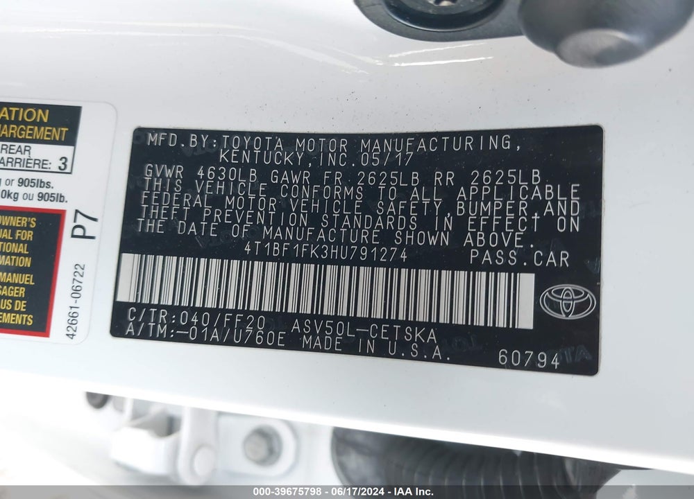 2017 TOYOTA CAMRY SE VIN: 4T1BF1FK3HU791274