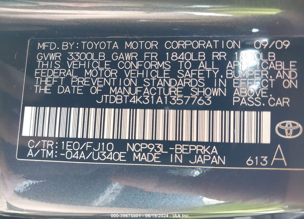 2010 TOYOTA YARIS VIN: JTDBT4K31A1357763
