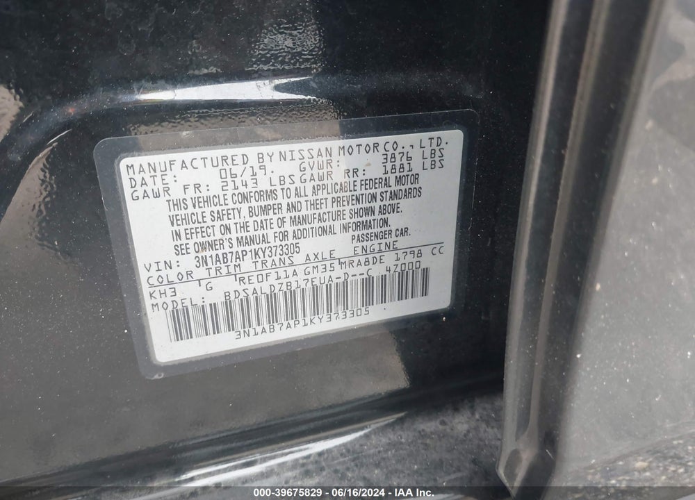 2019 NISSAN SENTRA SV VIN: 3N1AB7AP1KY373305