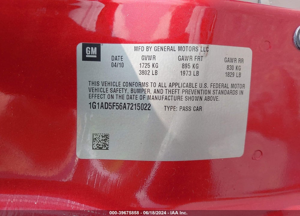 2010 CHEVROLET COBALT LT VIN: 1G1AD5F56A7215022