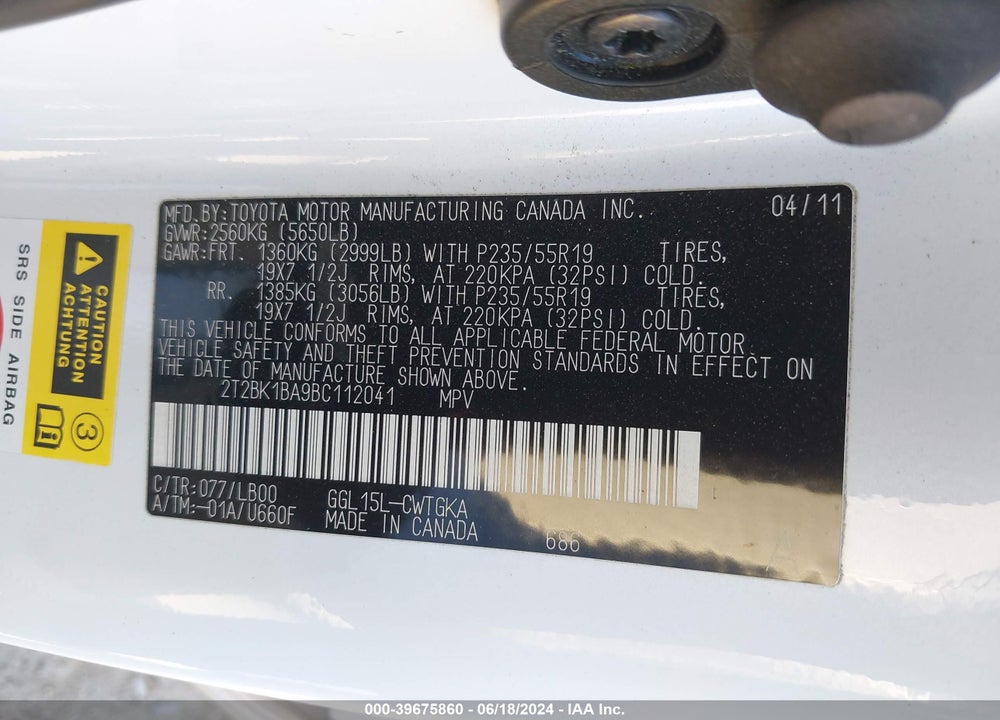 2011 LEXUS RX 350 VIN: 2T2BK1BA9BC112041